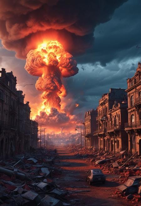 Mass epic nuclear strike, thermo-nuclear war, Ultra-realistic of sinister Nuclear war, Mushroom cloud in the background from a ground based nuclear explosion, a fiery pressure wave devastates buildings and there are pieces of ruins everywhere, Chesley Bonestell, The nuclear Apocalypse cinematic James Cameron, Sinisterly detailed, Perfect, high detail, fire and dark color scheme with deep saturation, artstation, cinematic lighting, Photograph Taken on Nikon D750, Intricate, Digital Illustration, Scenic, HyperRealistic, HyperDetailed, Unreal Engine, CryEngine, Octane render, extremely high resolution 8K, Greg Rutkowski, deep color, Cinematic Lighting, intricate, smooth, sharp focus, digital painting, blue and red as complementary colours, Apocalyptic war, light and shadow, three-dimensional lighting, combination of various colors and shades, Digital Illustration, Intricately Designed buildings city, Intricate, Intricate cinematic lighting, Digital Illustration