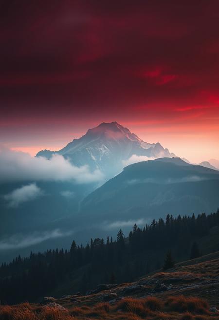 A majestic mountain range rises from the horizon, shrouded in a mystical fog that's infused with hints of indigo and slate. The sky above is a deep, foreboding crimson, as if painted by the brushstrokes of a master artist. The landscape stretches out to infinity, with every rock, tree, and blade of grass rendered in exquisite detail, bathed in the warm glow of cinematic lighting that's equal parts haunting and hypnotic.