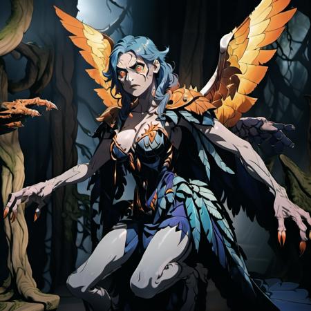 highly detailed glamour photo of harpy:1.0,

solo, long hair, wings, ((orange eyes)), ((claws)), blue hair, 1girl, breasts, outstretched arms, ((forest)), depth of field, 8k, intricate details


masterpiece, 

(edge lighting:1.2),
(shadow play:1.0),
(photorealistic:1.2),
