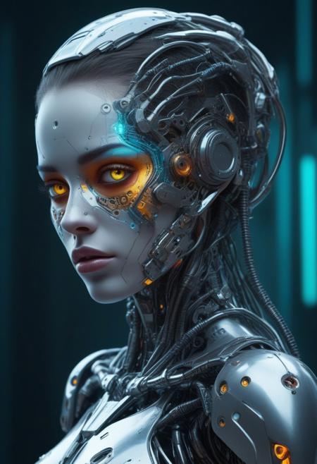 Cyborg biomechanical girl with a cyberpunk appearance with metal pieces on her face and body, with a glass appearance and very vivid colors, deep gaze, very stylized and feminine, big eyes