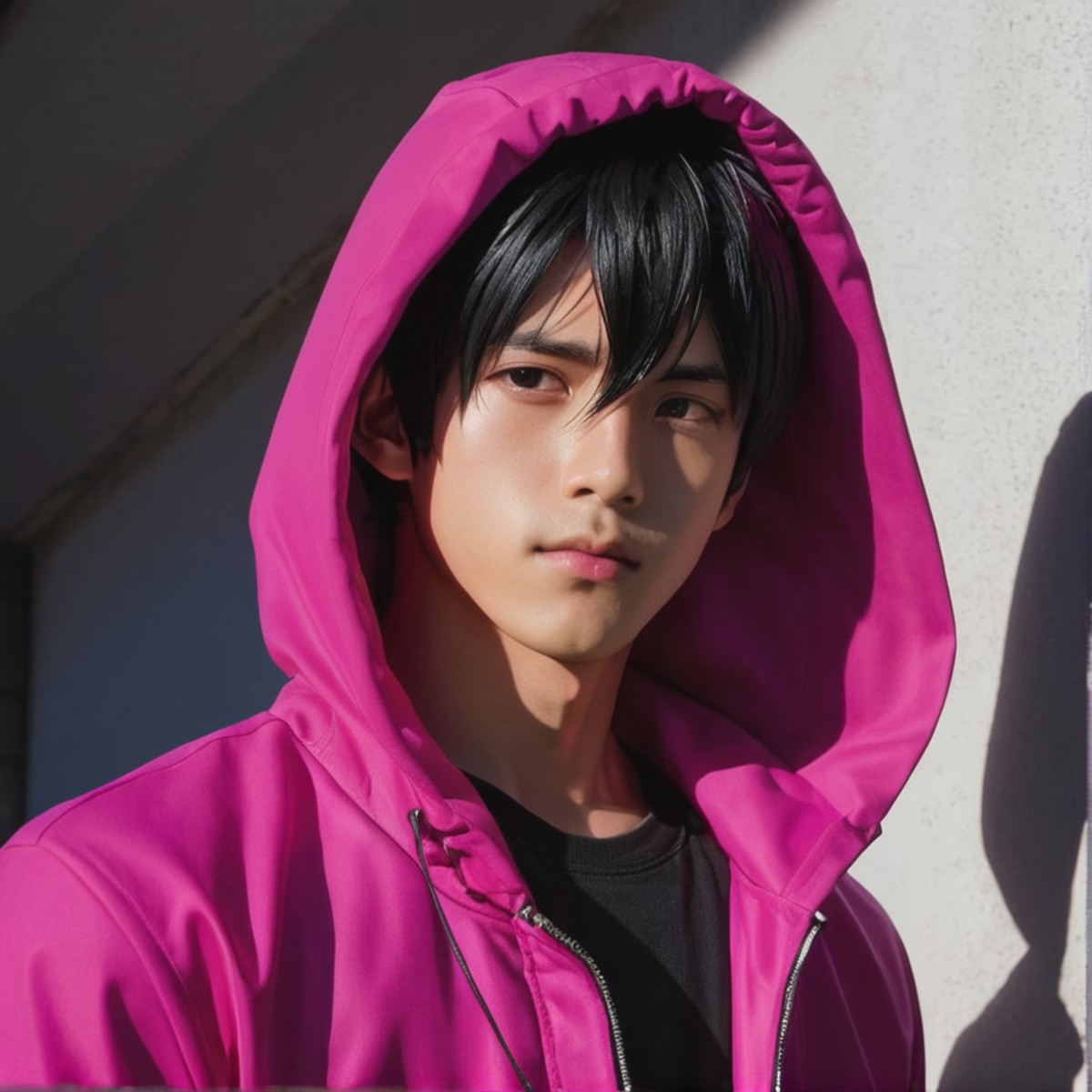 anime, black-haired anime boy wearing a magenta hooded jacket, revealing only the right side of his face while the left si...