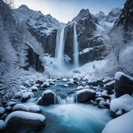 The image captures a breathtaking waterfall cascading down rugged mountain cliffs, 
fully enveloped in a thick blanket of pristine snow. The photography realistic surrealism style enhances the ethereal quality of the scene, 
with intricate details of the frozen water glistening under soft, 
diffused natural light. The composition is framed to highlight the dramatic contrast between the icy blues and whites of the snow and the dark, 
jagged rocks of the mountains, 
creating a striking visual balance. Wispy clouds drift lazily in the sky, 
adding depth and a sense of tranquility, 
while the foreground features delicate frost-covered branches, 
drawing the viewer's eye into the serene winter landscape. The overall atmosphere evokes a sense of peaceful solitude, 
inviting contemplation of nature's beauty in its most serene and untouched form.