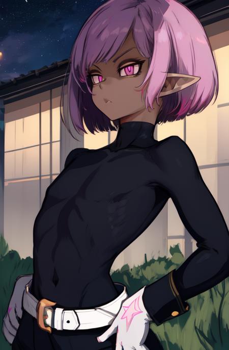 Psychic, short lavender hair , pink eyes,pointy ears ,  flat chest, 
upper body, standing,   hips, 
white gloves, white belt ,  black shirt, toned, navel, 
stars, military base, night, outdoors, 
(insanely detailed, beautiful detailed face,beautiful detailed eyes, masterpiece, best quality) 
 <lora:Psychic-10v6:0.8>