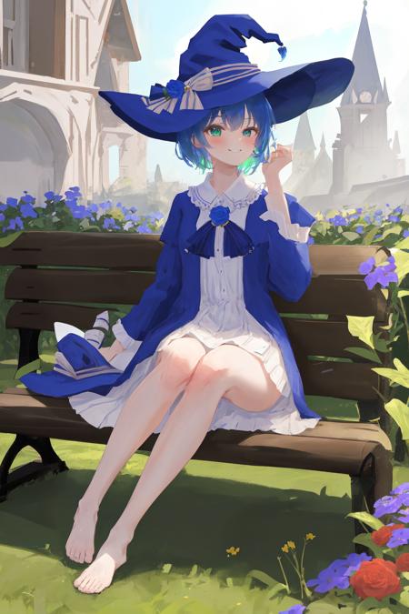 masterpiece, best quality, sharon, 1girl, witch hat, blue hair, short hair, green eys, full body, sharon, 1girl, witch hat, blue hat, blue robe, smile, one eye open, blue hair, short hair, brooch, flower hat decoration, blue ribbon, small dress, white dress, blue bow, green eyes, outdoors, sitting on bench, bare legs, castle, brooch, flower fields, nervous, sticking out tougue,