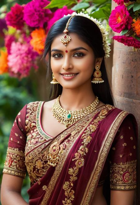 A young Indian woman, cinematic dark-radiant and beautiful, adorned in traditional attire. Her eyes sparkle with life, and a gentle smile graces her lips. Her clothing is richly colored and intricately detailed, perhaps a vibrant silk sari or a beautifully embroidered lehenga. Her hair is styled elegantly, possibly adorned with flowers or jewelry. The background could be a lush garden, a bustling marketplace, or a serene landscape, reflecting the vibrancy and diversity of Indian culture. The lighting should be soft and natural, enhancing her beauty and the details of her attire. Style: photorealistic, warm and inviting, serene ethereal background, blended perfectly in super high details of bold colors and astonishing scenery