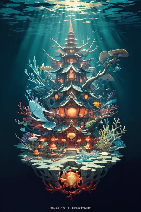 Highest quality,Great work,(Scene:1.2),fantasy,underwater,(seabed:1.3),(Ring City:1.3),east asian architecture,seashell,coral,plants in the sea,floating (fish:1.35),(lamp:0.7)