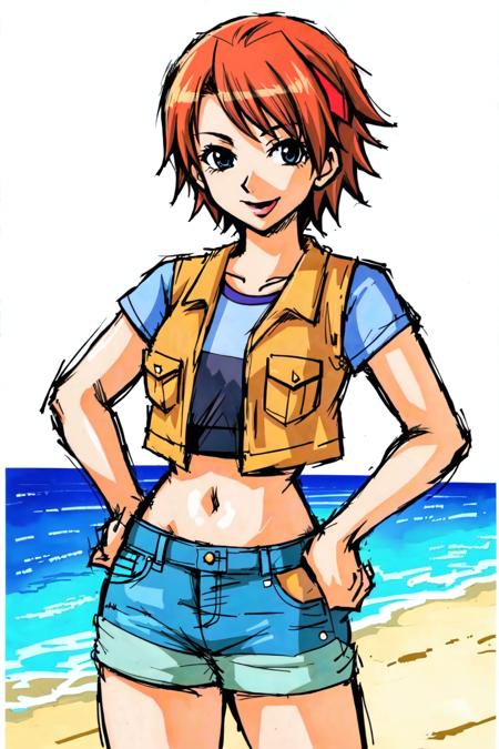 1girl,Akarih1080,crop top,midriff,vest,denim shorts,short shorts,looking at viewer,hands on hips,red headband,cowboy shot,:p,outdoors,on beach, <lora:AkariH1080:0.8>