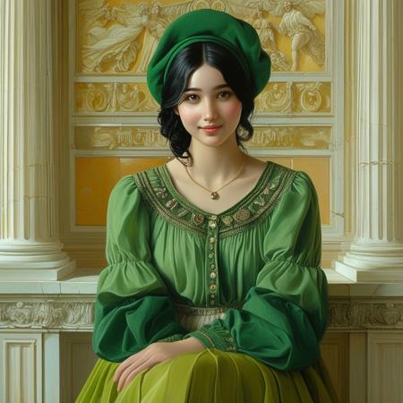 score_9, score_8_up, score_7_up, style of patten of Neoclassicism, painting, solo, 1girl, smiling, black hair, hour glass figure, makeup, wearing a layered green blouse, dress, jacket, hat, elegant, fantasy, vibrant colors, intricate details, fantasy, masterpiece, detailed