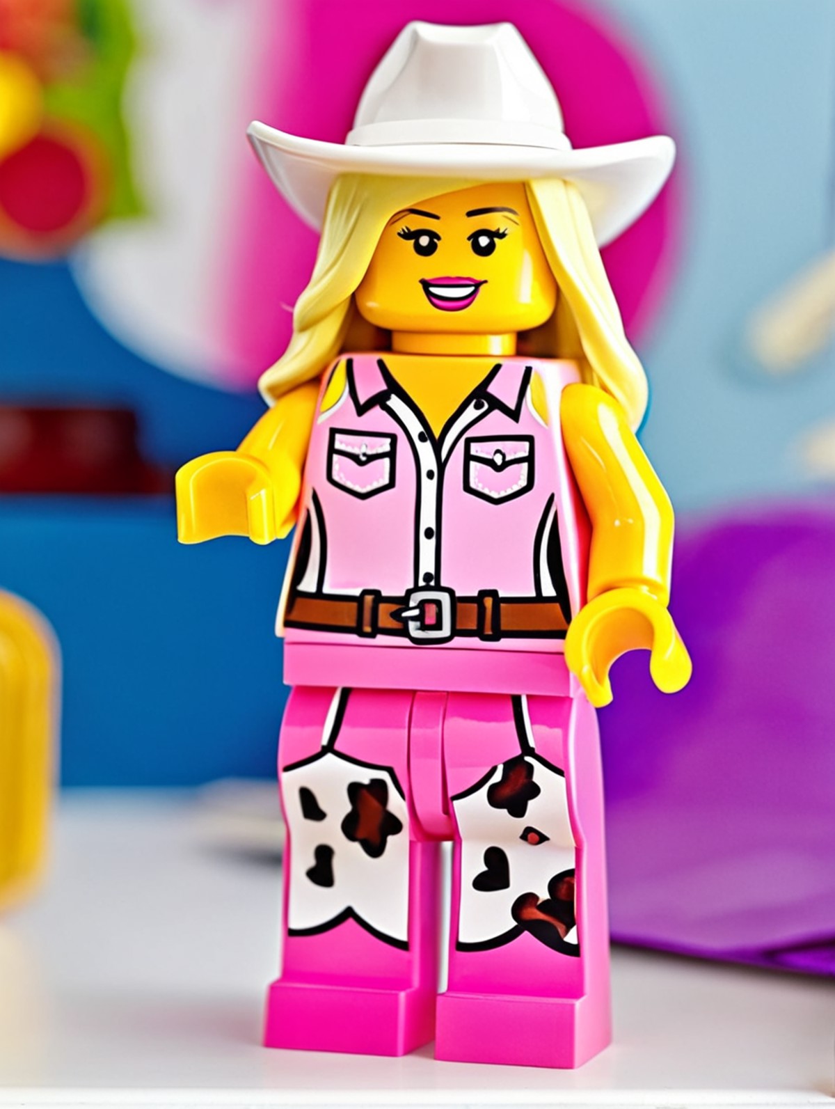<lora:Lego_XL_v2.1:0.8>
LEGO MiniFig. 
A woman with platinum blonde hair exudes Barbie doll charm in a pink cowgirl outfit...