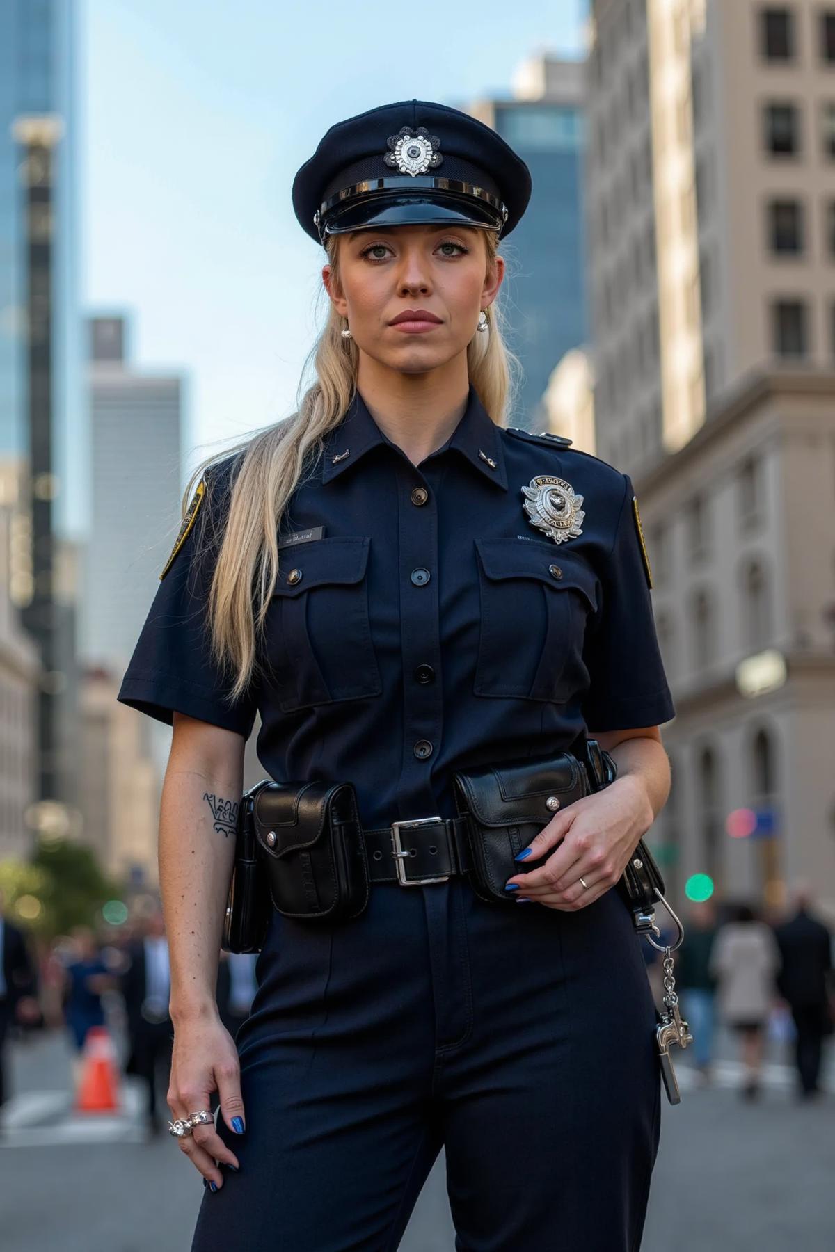 A confident, blonde sw33ny policewoman standing in front of a cityscape backdrop, with skyscrapers and bustling streets in the background. She has a determined expression and is dressed in a sharp, navy blue police uniform, complete with a badge, utility belt, and hat. Her hair is neatly tied back in a ponytail, and she holds a pair of handcuffs in one hand while the other rests on her hip. The scene is set during the daytime, with sunlight reflecting off the buildings, highlighting her strong presence and authoritative demeanor. The overall mood conveys professionalism, strength, and dedication to duty