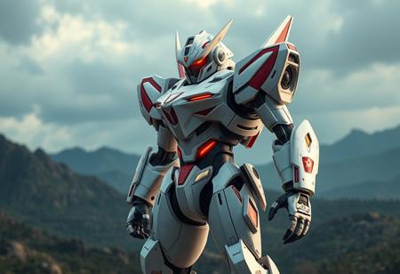 epic details Epic cinematic shot of white Ally of Justice Thunder Armor robot, sharp red & yellow accents, detailed head with red visor & camera, dynamic poised stance (extended arms, bent legs), standing against a vast, dramatic Jurassic World landscape. High-res 4K render, Octane, Unreal Engine 5, CGSociety, Artstation trending, Golden Ratio, hyperdetailed, sharp focus, powerful composition, dynamic lighting, mecha design, prehistoric backdrop.
