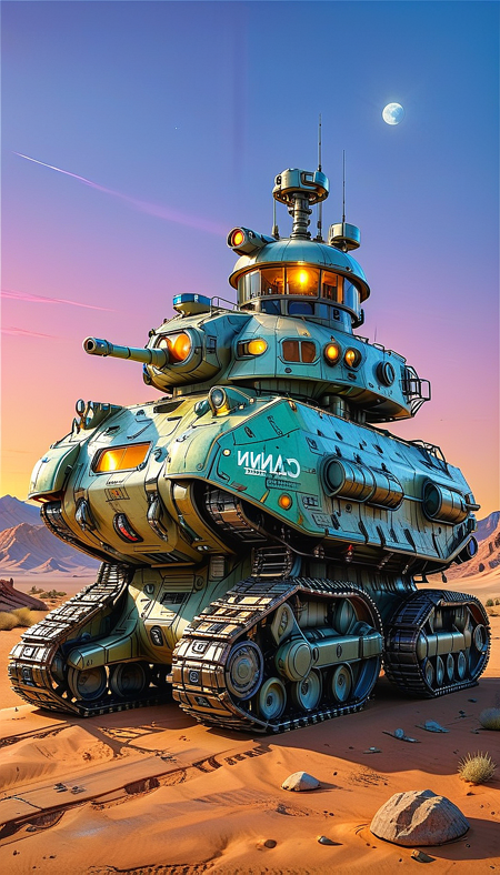 (cel-shading:2)+, (in ARTIST style:1.6), (masterpiece:1.7),  night, glow neon,
hyperrealism, glossy, shinny, clear image, accurate picture, clear picture, precise image, focused image, Science fiction style, Science fiction,
(military vehicle, ground vehicle, military, no humans, motor vehicle, tank, caterpillar tracks, vehicle focus, cannon, mountain, mecha, desert, robot, science fiction, outdoors, sky, turret, Tracked Vehicle, Traction City)
night, glow neon,
(masterpiece:1.8), (highest detailed:1.8), perfectly lighted, (contrast), (saturated), (((sharp focus))),
(hyperdetailed:1.3), (intricate details:1.2), (Refined details:1.3), (best quality:1.5), highly detailed textures, vibrant colors,
(ultra sharp focus:1.8), (detailed texture:1.8), (detailed edges:1.8), (thin lines:1.8), (best quality:1.8),
<lora:Apparatus_-_Traction_City_Walkers_Vehicles:0.8>,