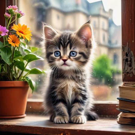 real photo of a kitten playing in a big library room with windows to old city, plants and flowers on windows, vintage windows, caricature sticker,  hdr sticker, masterpiece sticker, high detailed sticker, vibrant colors, looking at viewer  <lora:Jussi_the_neural_cat-000002:0.8>