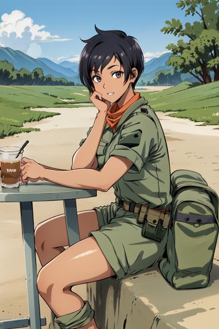 1girl,xiomvn,wearing military uniform,pants,(scarf),in fortress,outdoors,sandbags,sitting,on metal table,full body,happy,tomboy,, <lora:XinomVN:0.8>, <lora:LORA-XenoDetailer-v2:0.1>, <lora:skin_tone_slider_v1:1.6>