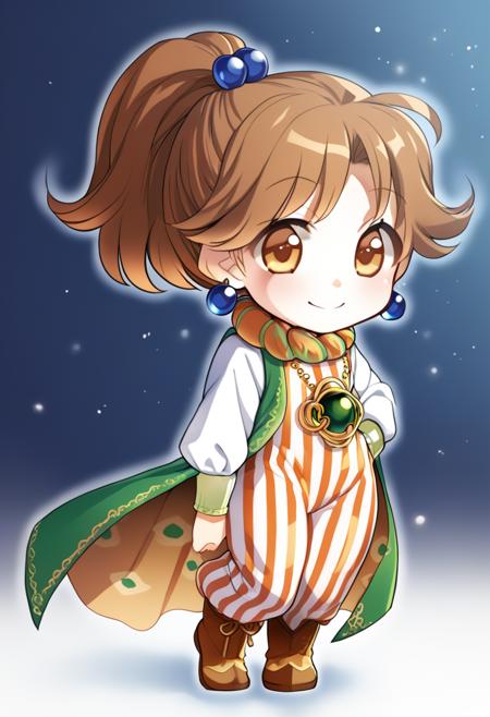 1girl,<lora:porom dsff4XL:1>,porom dsff4,hair bobbles,scarf,necklace,cape,earrings,striped pants,boots,chibi,full body,standing,smile,ultra-detailed,best quality,masterpiece