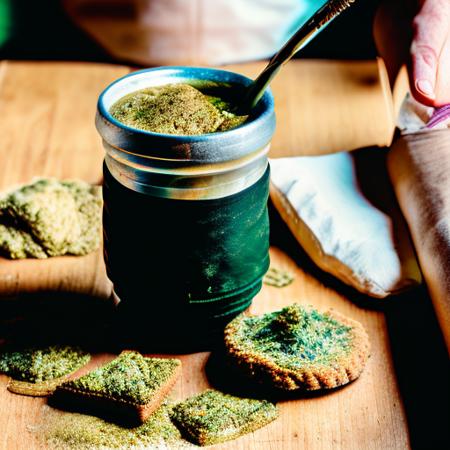 <lora:mate10-12:1>, masterpiece, best quality, POV photo of an amazing mate tea on a table,, blurry background, kodak vision 3, green herb, cookies,