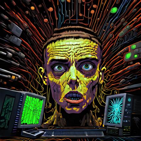 game_face Digital painting by artist shawnmalloyrocks, a brain in a vat connected to a bunch of cables, britney spears, extraction of human creativity via download, transferring consciousness to a master computer, sad eyes, bleak expression, technological wonder, intricate circuitry, 16k, UHD, masterpiece, intricate detail, dramatic lighting, Lovecraft, steampunk, synthwave, horror, Giger, Sci-Fi