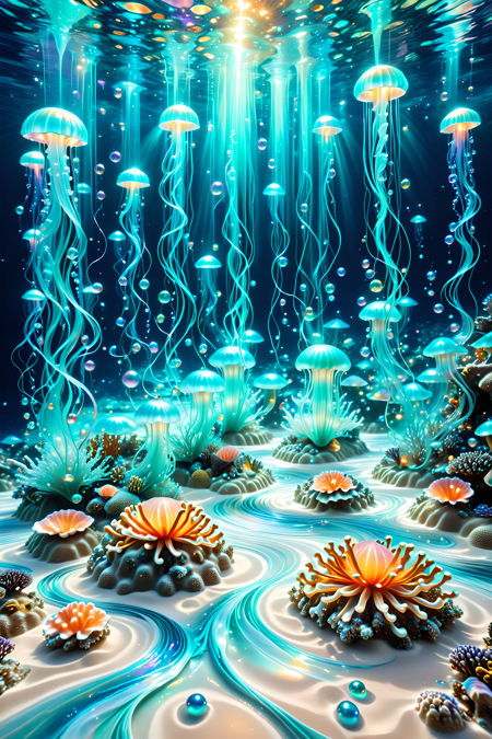 A surreal underwater realm where coral castles drip with glowing pearlescent syrup,jellyfish float like silk lanterns above a pearly sand floor,and luminous mermaids paint ocean currents with swirling trails of light and flowing pigments,magical realism,photoreal style,intricate lighting made of l1qu1dp34rl,pearlescent,flowing through bioluminescent coral reefs,iridescent bubbles rising in turquoise water,hyper-realistic translucency,pearlescent,
Masterpiece,best quality,hi res,8k,hi res,8k,award winning,(sharp focus, intricate, highly detailed),<lora:SDXLFaeTastic2400:0.4>,<lora:liquidpearlXL_r1:1>,<lora:TrendCraft_The_Peoples_Style_Detailer-v2.1A-3_12_2025-SDXL:0.8>