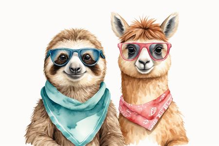 cute friendly animal friends,  sloth and Alpaca,  wearing sunglasses and bandana, show its face , watercolor sketch, high detail, clean edge , catoon style, Vector Illustration,  on a white backgound,  minimal art,  watercolor gouache textured paper,  simplified line work,  flat illustration,  jon klassen style
