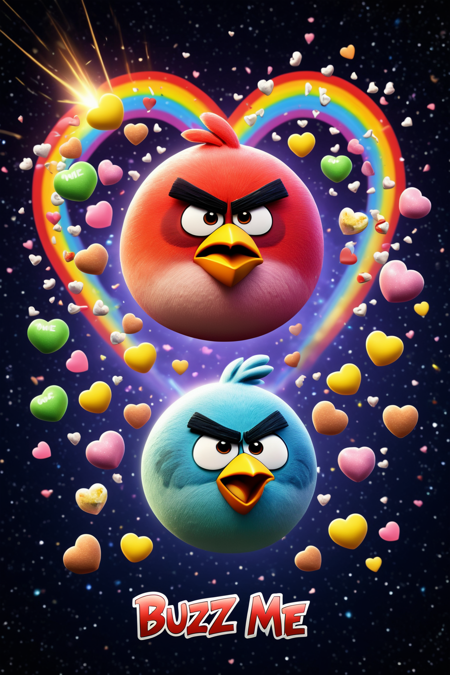 lazympos,a cute Angry Birds made from candyhearts,<lora:lazympos:1>,<lora:crowd_notrigger:0.7>,<lora:add-detail-xl:1>,breathing rainbows,magic,sci fi,energy,text "buzz me",<lora:Candyhearts-15:0.7>,(outer space background) . Professional,modern,masterpiece,super realistic,highly detailed