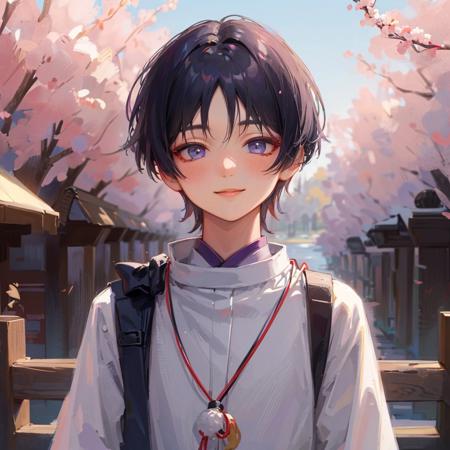 masterpiece, best quality, extremely detailed, 3d face, realistic, lustrous skin, (1boy, solo), <lora:Kunikuzushi:0.7>, scaramouche , japanese clothes, purple hair, solo focus,  blush, smile, upper body, no headwear,  purple shirt, outdoors, sakura