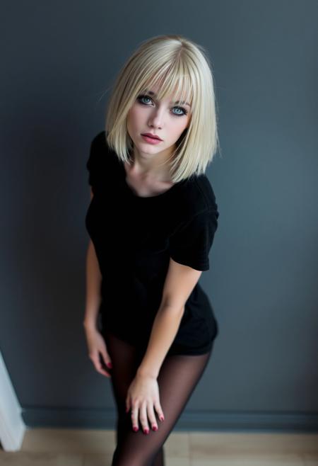 woman, blonde bobcut hair, parted half hair, green and blue eyes, eyeliner, gothic, wearing black t-shirt and black hotpants, black pantyhose, slender body, long legs,