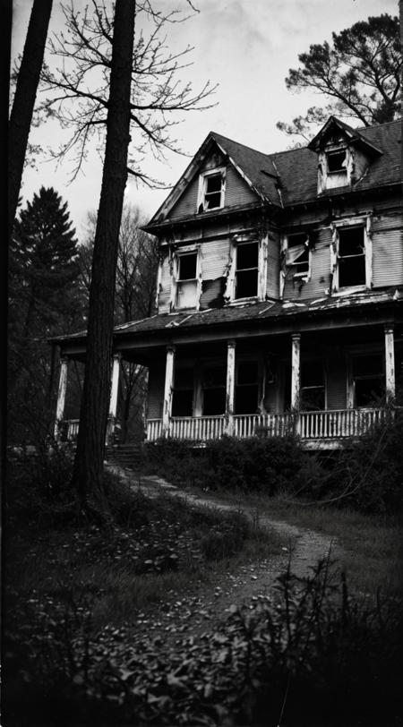 An antique, black-and-white photo, slightly blurred, showing a angry macabre ghost, full-bodied, haunting a spooky derelict house in a nighttime forest. <lora:Aether_Cloud_v1:1>