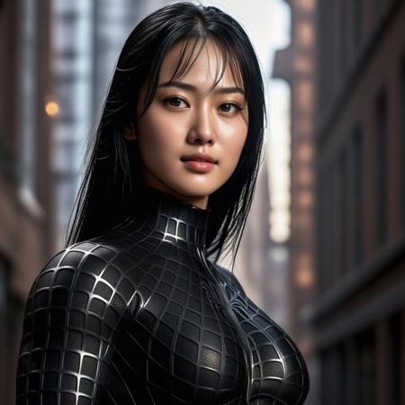 score_9, score_8_up, score_7_up, best quality, realistic, masterpiece, beautiful detail, hyperrealistic, night, ((1girl, woman body, large breast)), amazing detailed full body of a cute korean woman, wearing a realistic and highly detailed black raimi spider-man suit, ((defined muscular girl)), professional model wears ultra - detailed black raimi spider - man suit, ultra - detailed and grained black raimi spiderman suit, suit covered entire body and hand, black spiderman gloves, wet, (light smile, black hair), close up, octane render, highly detailed, volumetric, dramatic lighting, (highest quality:1.1), (HDR:1.3), (top quality, best quality), realistic, high definition, sharp contrast between light and shadow, athletic and fit physique, highly detailed and accurate portrayal, photorealistic rendering, tense and alert atmosphere cinematic scene, cinematic lighting, intricate detail skin and facial texture, lifelike expression, accurate character design, interesting and complex background details,
