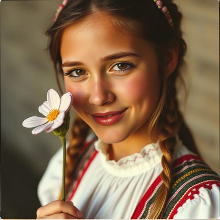 A smiling bulgarian girl in traditional bulgarian clothes smelling a flower, realistic skin texture and pores with small imperfections, soft natural light, hyperreal, night photo, polaroid picture