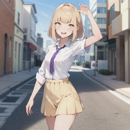 (masterpiece, best quality), 1girl,  uchi-emiri,short hair, blonde hair, white shirt, purple necktie, yellow skirt mid shot, street, dynamic pose, <lora:uchi-emiri-10-v2:0.6>