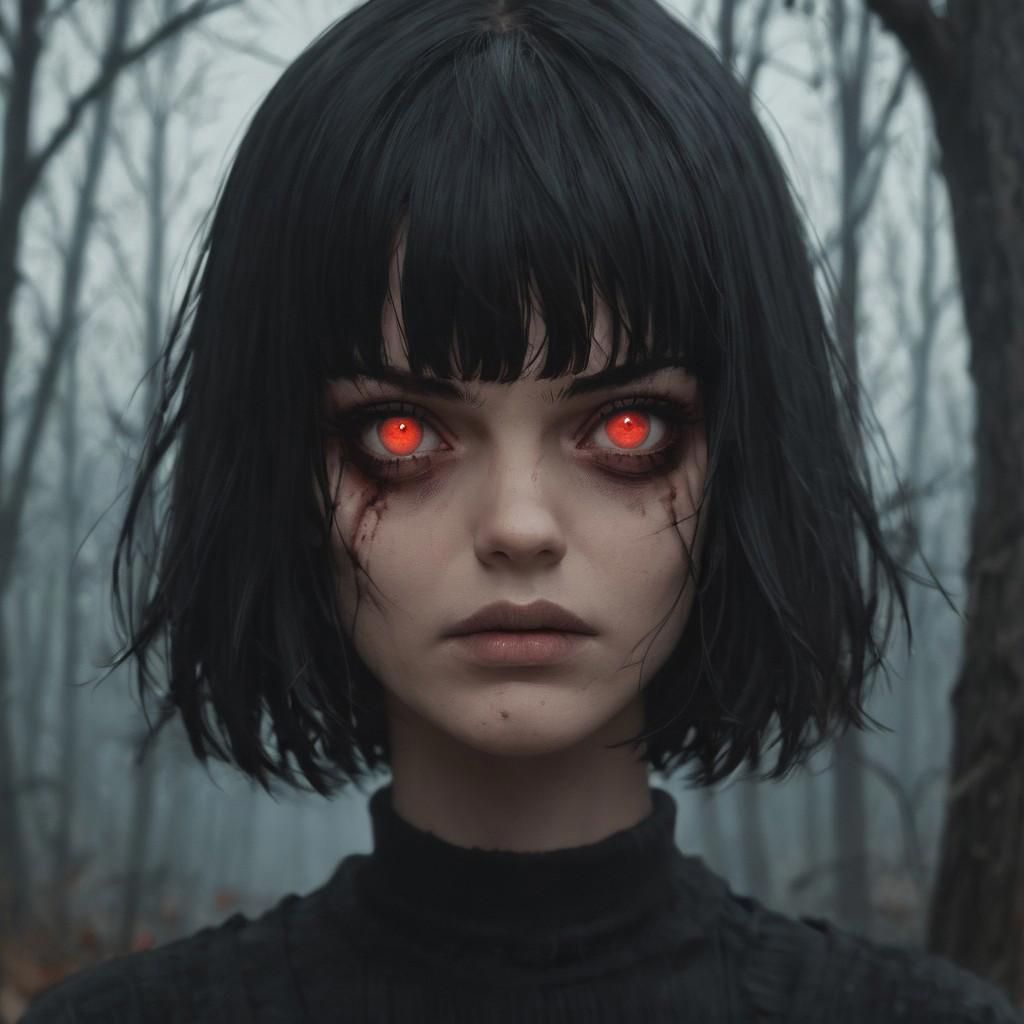 1 girl, russian girl, black hair, short hair, bangs, straight hair, red eyes, she is evil, scary forrest