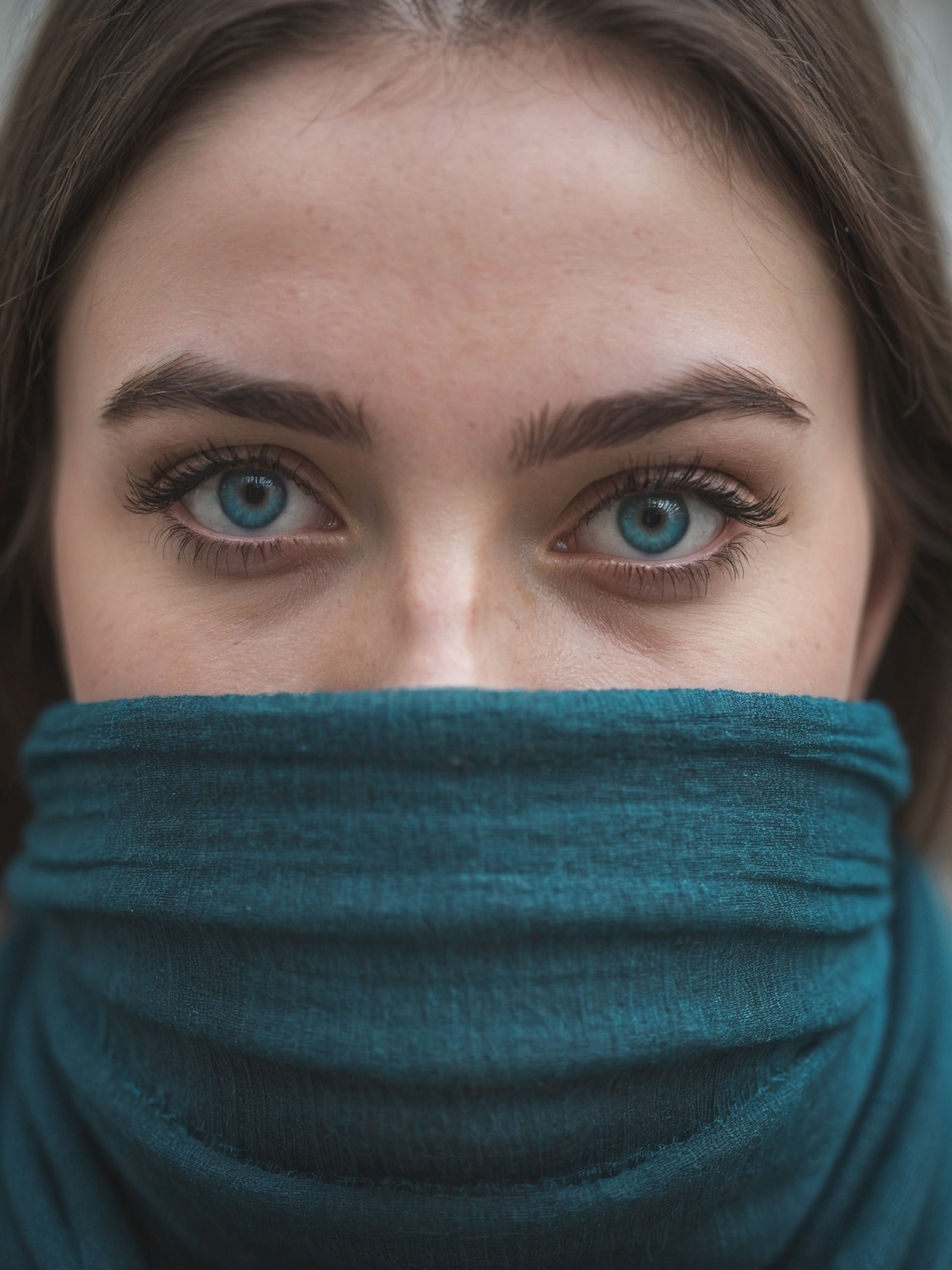 Close-up of a young woman's face partially obscured by a dark teal scarf, highlighting her striking blue eyes, long eyelas...