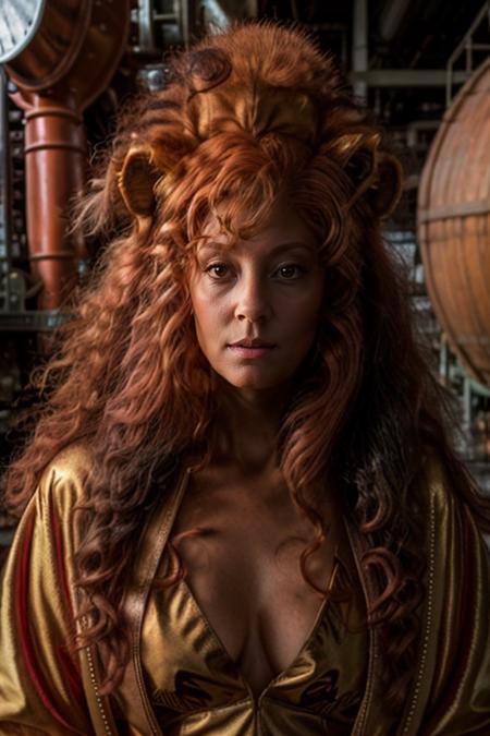 lion costume ,  refinery , day  <lora:Susan_Sarandon:1> masterpiece, best quality, detailed face, solo, a woman, mature s1873s, red hair, long_hair, looking_at_viewer