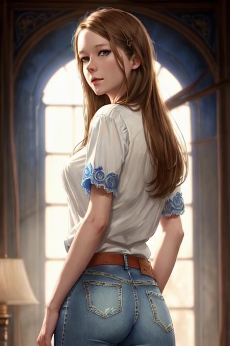 <lora:MandiCollins_SD1.5_512_230224:0.7> MandiCollins (wearing blue jeans and a white blouse:1.2), cinematic lighting, ornate, intricate,  detailed, volumetric light and shadow intricate, elegant, highly detailed, digital painting, artstation, concept art, smooth, sharp focus, illustration, art by artgerm and greg rutkowski and alphonse mucha, super detailed