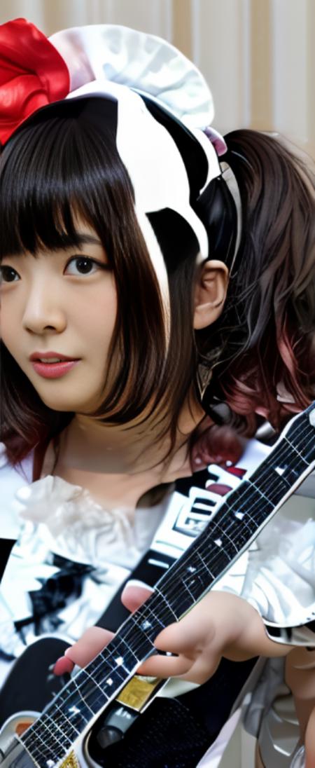 girl in a main costume playing the guitar with a flower on her head, beautiful Japanese face <lora:MikuV4:1>