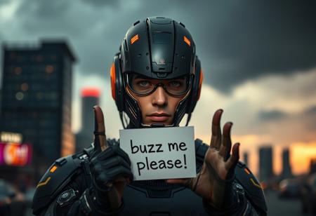 portrait of a cyberpunk cyborg, depth of field, 2000mm f8, cityscape background, sunset, storm,a sign on hands with the text "buzz me, please", focus on head