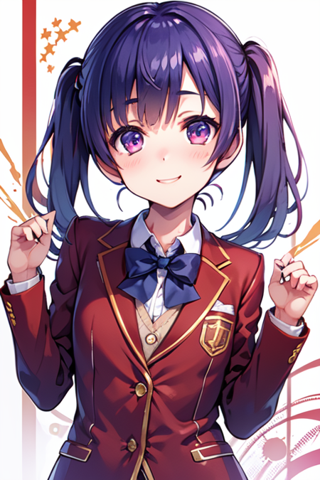 1girl, wang mei-yu, purple hair, purple eyes, twintails school uniform, blazer, red jacket, blue bowtie, white skirt