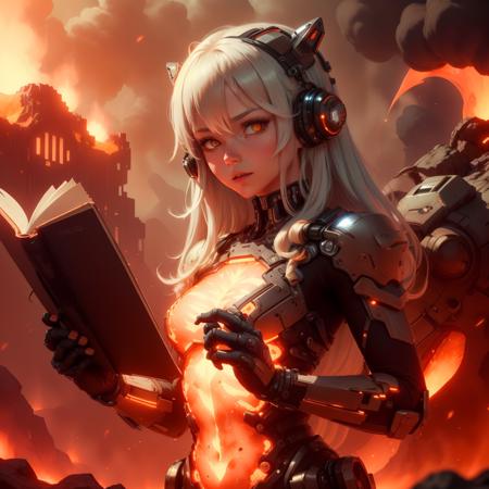 <lora:ExoMagmaTech-20:0.8>, exomagmatech , scifi,  lava made , translucent  ,cowboy shot, 
scholar , scroll, 1girl,long hair, white hair, glowing eyes, yellow eyes,upper body,