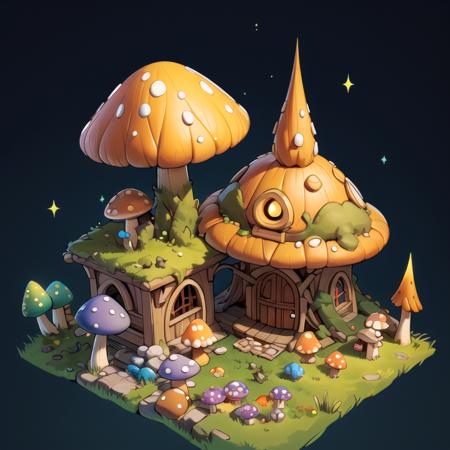 ((masterpiece,best quality)), absurdres,
 <lora:Stylized_Setting_Mushrooms:1>, Isometric_Setting, Mushroom_Girl, mushrooms, 
Mushroom house, magic, glowing,