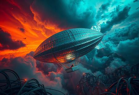 masterpiece, ultra-detailed, dutch angle view of a trippy zeppelin drifting through tangled circuits, metalic-scale patterns glowing , silver colors, dark-orange sky background, misty clouds, electric stormlight