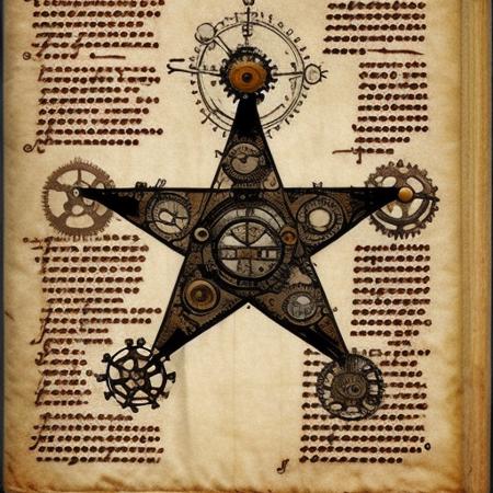 (manuscriptai)++, a ancient manuscript page, a machine on it, steampunk style, pentagram on the page