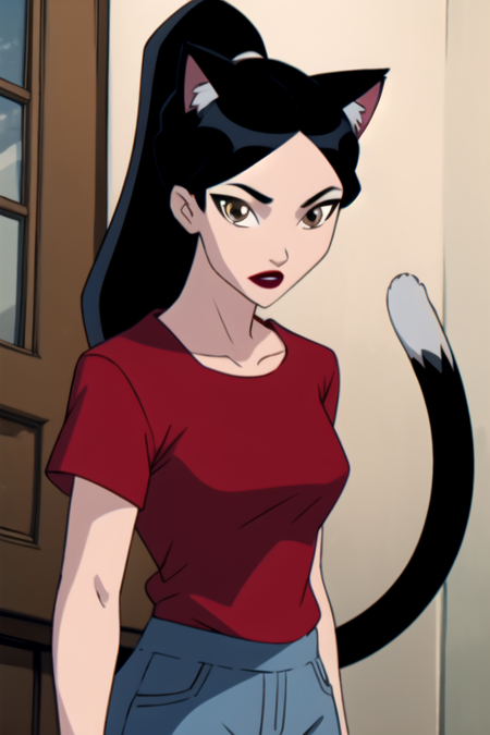 1girl,solo,black hair,long hair,ponytail,brown eyes,red lips,anime coloring,looking at viewer