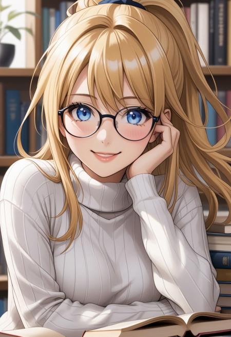 hand-drawn anime-style image of a 20-year-old university girl with long, shiny blonde hair tied in a ponytail, featuring loose sidelocks and bangs framing her face. She has blue eyes, wears glasses, and is caught in candid laughter as she looks directly at the viewer. She wears a white ribbed turtleneck sweater with long sleeves, highlighting her natural beauty and subtle blush on her cheeks, breasts, Her lips are slightly parted, revealing a smile. A stack of books is visible in the background, hinting at her student life. The art style is inspired by manga, with detailed eyelashes and a soft, hand-drawn quality.