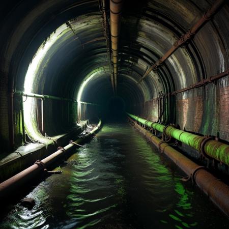 a narrow sewer tunnel stretching into darkness, damp brick walls coated in green slime, rusted pipes weaving along the ceiling, ankle-deep water reflecting faint industrial light, a shadow barely visible at the vanishing point, tunnel, reflection, creepy, dark, dirty