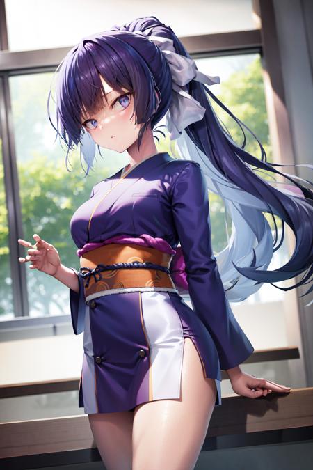 masterpiece, best quality, highres, 1girl amikura ponytail hair ribbon <lora:amikura:1> kimono