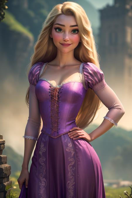 <lora:rapunzel:0.6>rapunzel, 1girl, solo, long hair, looking at viewer, smile, blonde hair, dress, very long hair, green eyes, hand on hip, purple dress (masterpiece:1.2), (best quality), (ultra detailed), (8k, 4k, intricate),(full-body-shot:1), (highly detailed:1.2),(detailed face:1.2),(detailed background),detailed landscape, (dynamic angle:1.2), (dynamic pose:1.2),