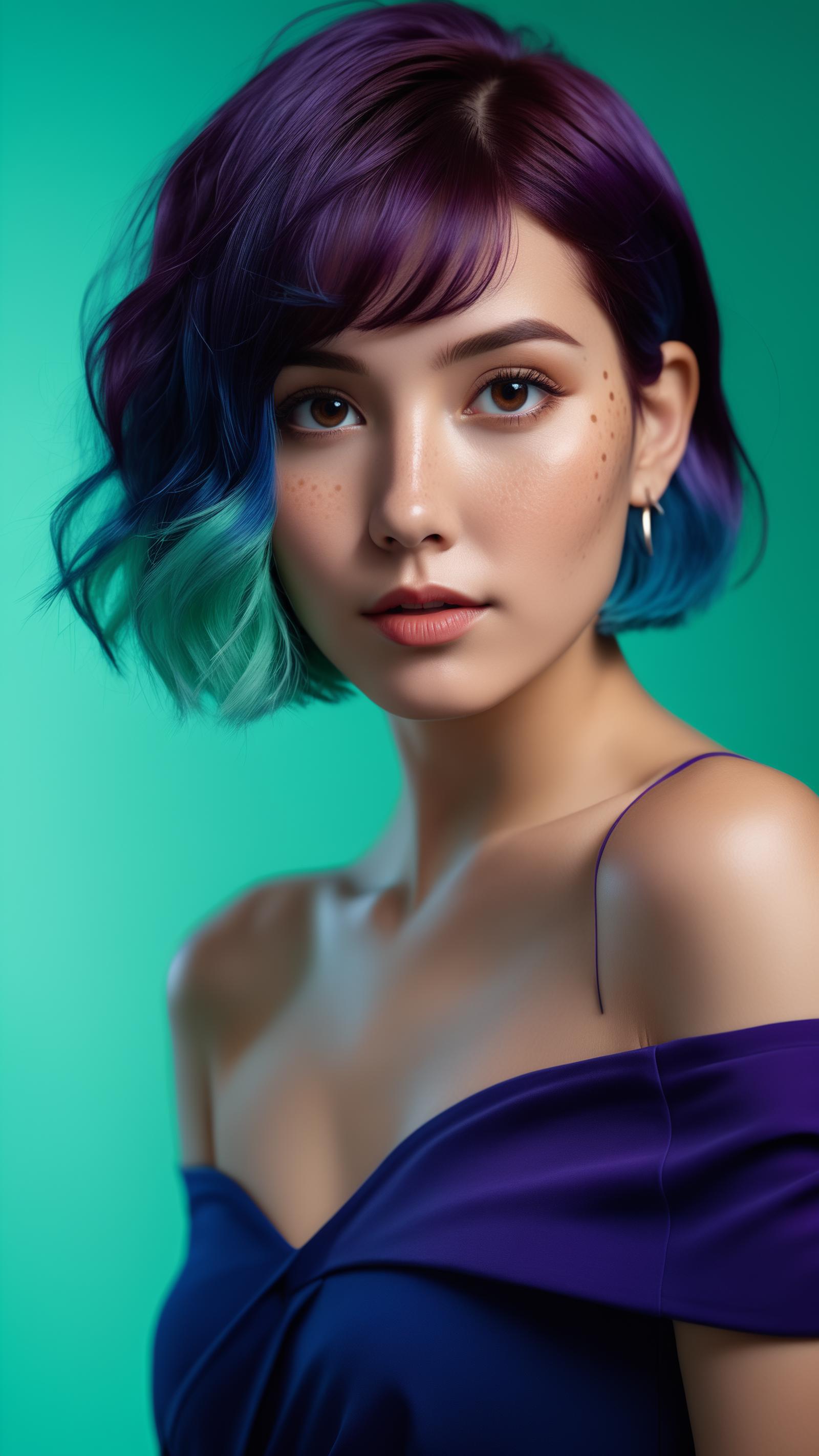 A woman with blue hair and purple lipstick posing for a portrait.