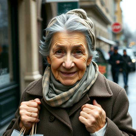 elderly woman, kind face, grandmotherly, silver-gray hair, hair bun, headscarf (babushka scarf), simple coat, carrying shopping bags, weary but warm expression, wrinkles, St. Petersburg street, rainy day, helping hands, supporting character, realism, soft smile, film grain,
no makeup, no jewelry, no fantasy armor.
