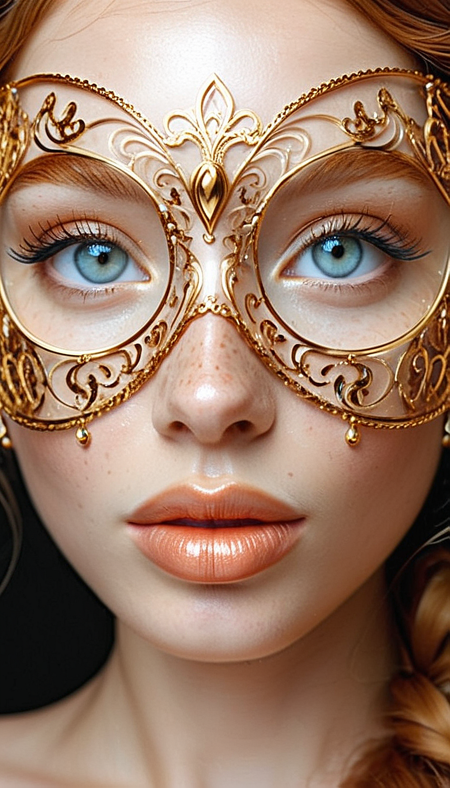 Close-up gorgeous girl face , cute, bang, freckles, striking large eyes, aligned eyes, mirror eyes, (half smile),
BREAK,
(wearing transparent Venetian Mask with intricate very detailed gold filigree), (thin detailed gold filigree), curly ginger hair, braid,
long lashes, trendy portrait,
tender Aesthetic nose, Aesthetic chin, ears, puffy lips, sensual lips, detailed texture, detailed eyes, detailed skin, clean skin,
<lora:Someplastic:1>, (ultra sharp focus:1.8), (detailed skin:1.8), (thin lines:1.8), (best quality:1.8),
<lora:Apparatus_-_Traction_City_Walkers_Vehicles:0.7>,
<lora:add-detail-xl:1> (ultra sharp focus:1.8), (detailed skin:1.8), (thin lines:1.8), (best quality:1.8),
<lora:glowneon_xl_v1:0.8>