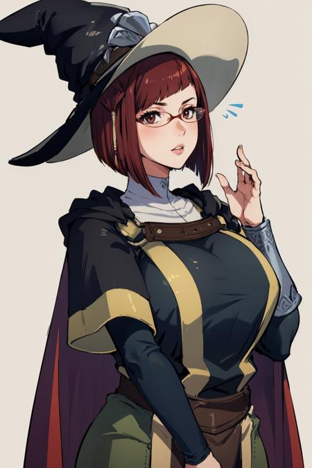 masterpiece, best quality, miriel, glasses, cape, black robe, huge breasts, tabard, witch's hat, brown pants <lora:miriel-nvwls-v1-000012:0.9>